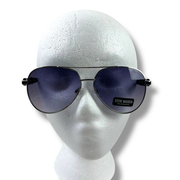 Steve Madden Women's Susana Aviator Sunglasses Silver Black Chunky Chain Side - Picture 1 of 7